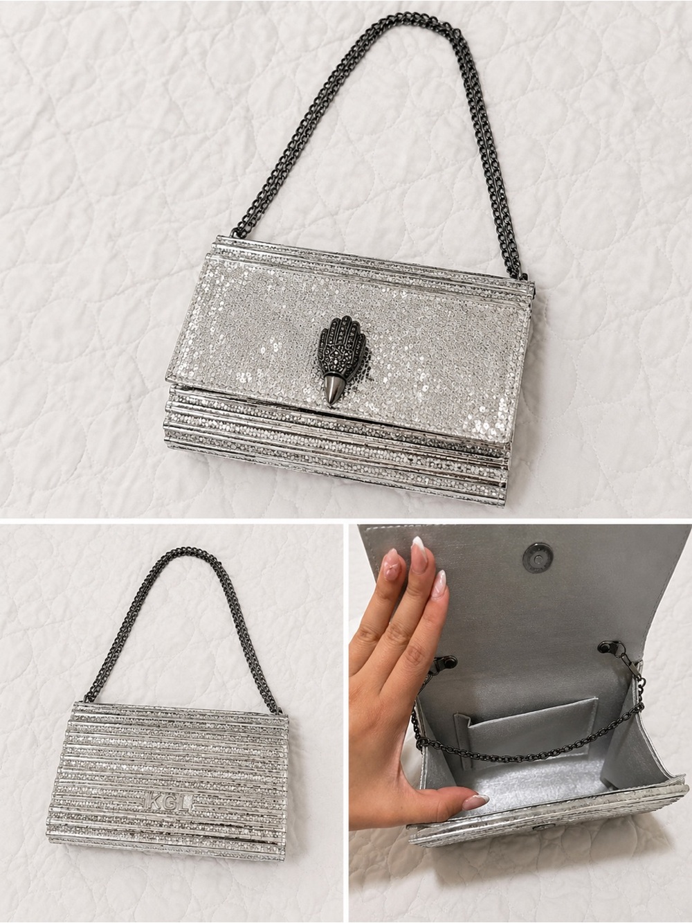 Kurt Geiger Silver Glitter Chain Shoulder Bag